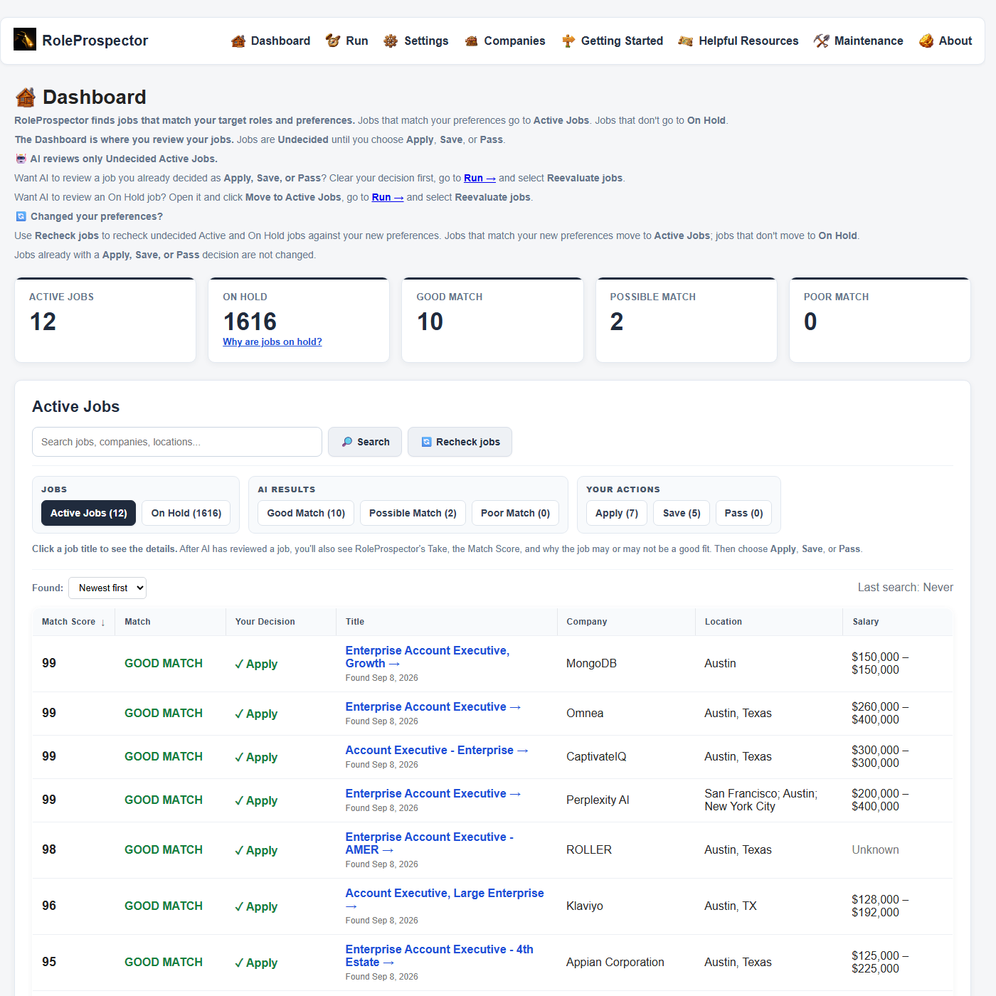 RoleProspector dashboard organizing jobs into good matches, needs review, and poor matches