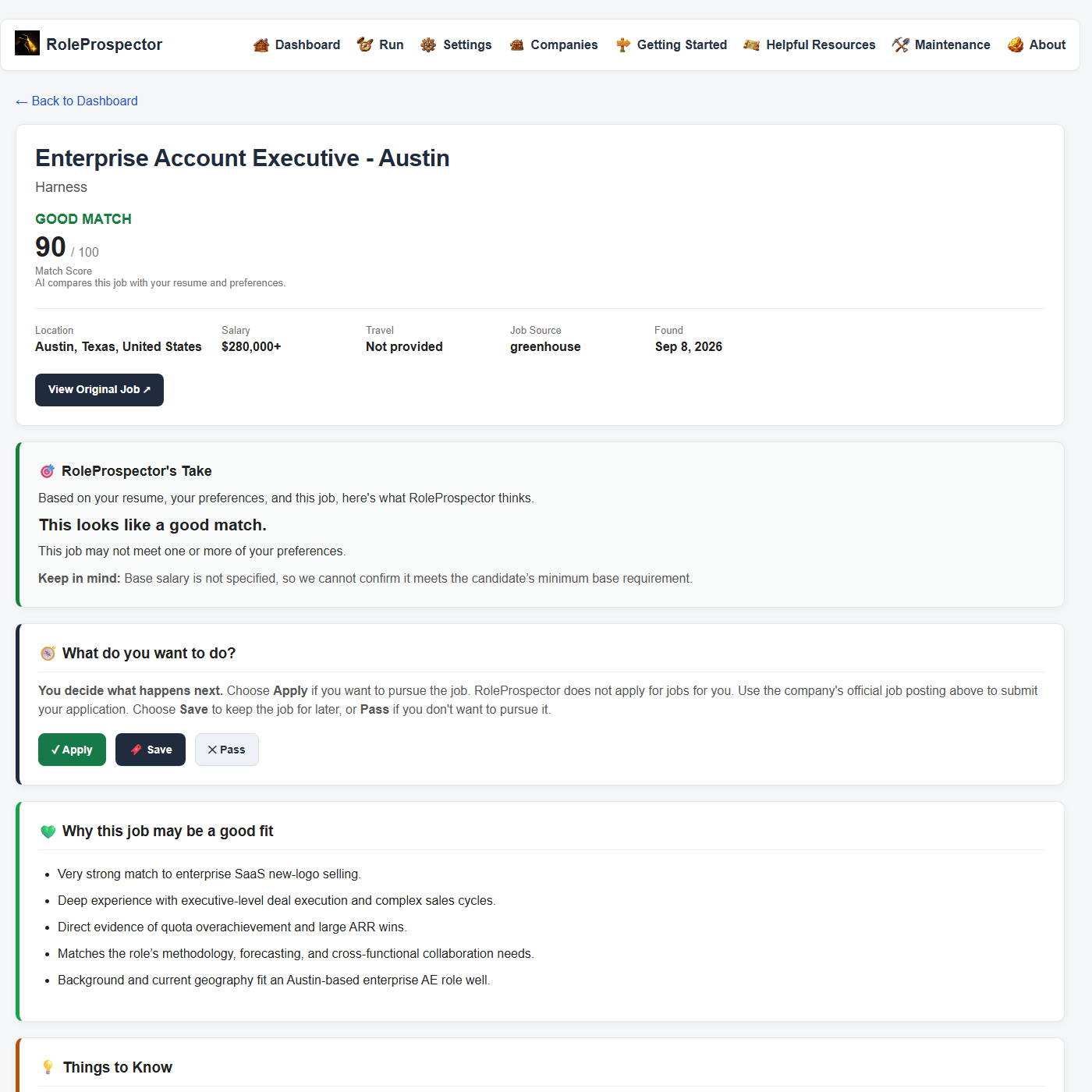 RoleProspector job detail showing a good match, match score, job details, and Apply, Save, and Pass actions