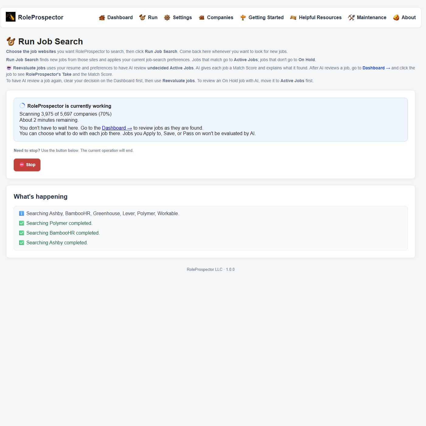 RoleProspector actively scanning multiple job sources and showing search progress