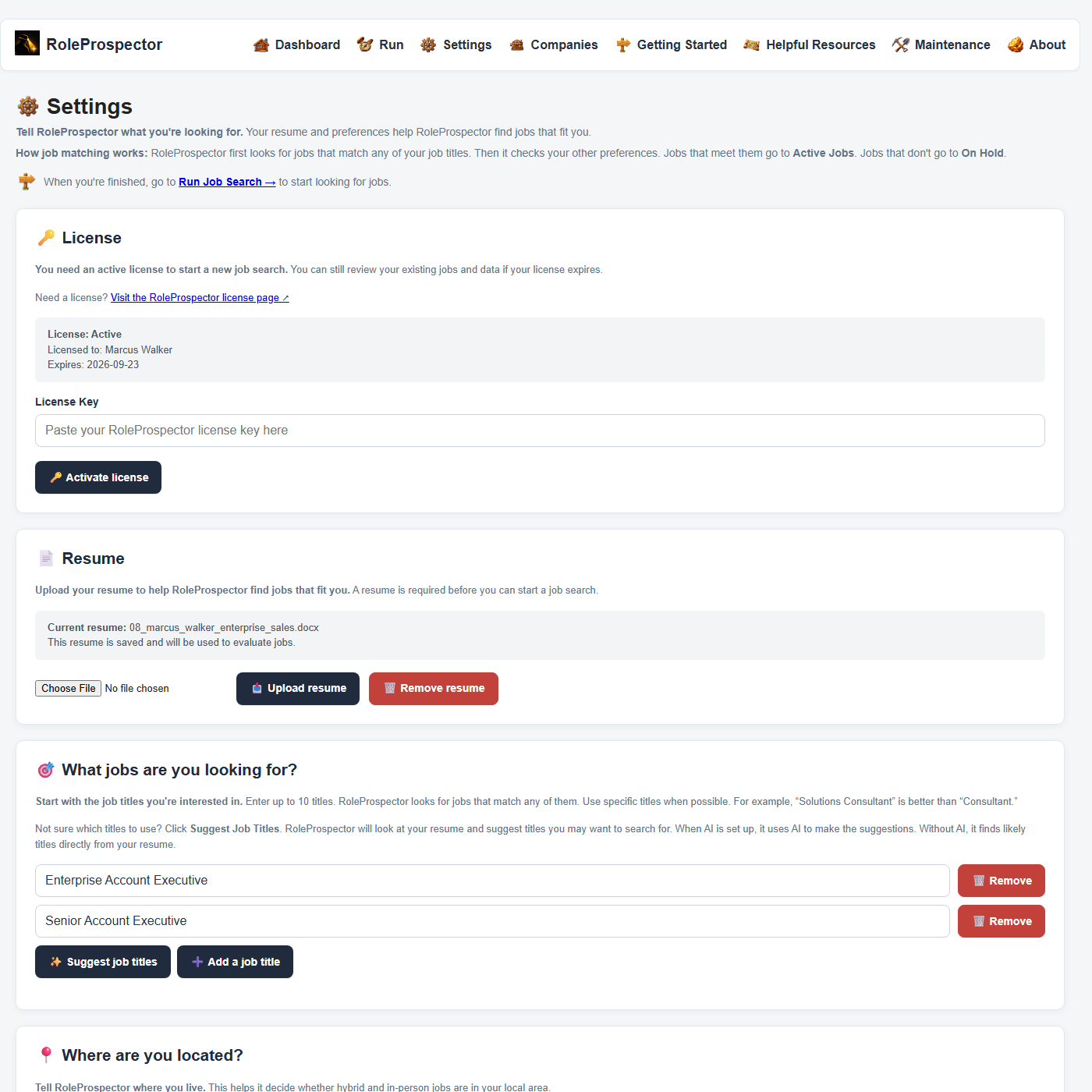 RoleProspector settings showing a loaded resume, location, work countries, and workplace preferences